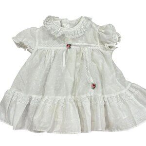 Vintage White Lace Baby Dress With Floral Accents & Ruffled Hem 9 Months
